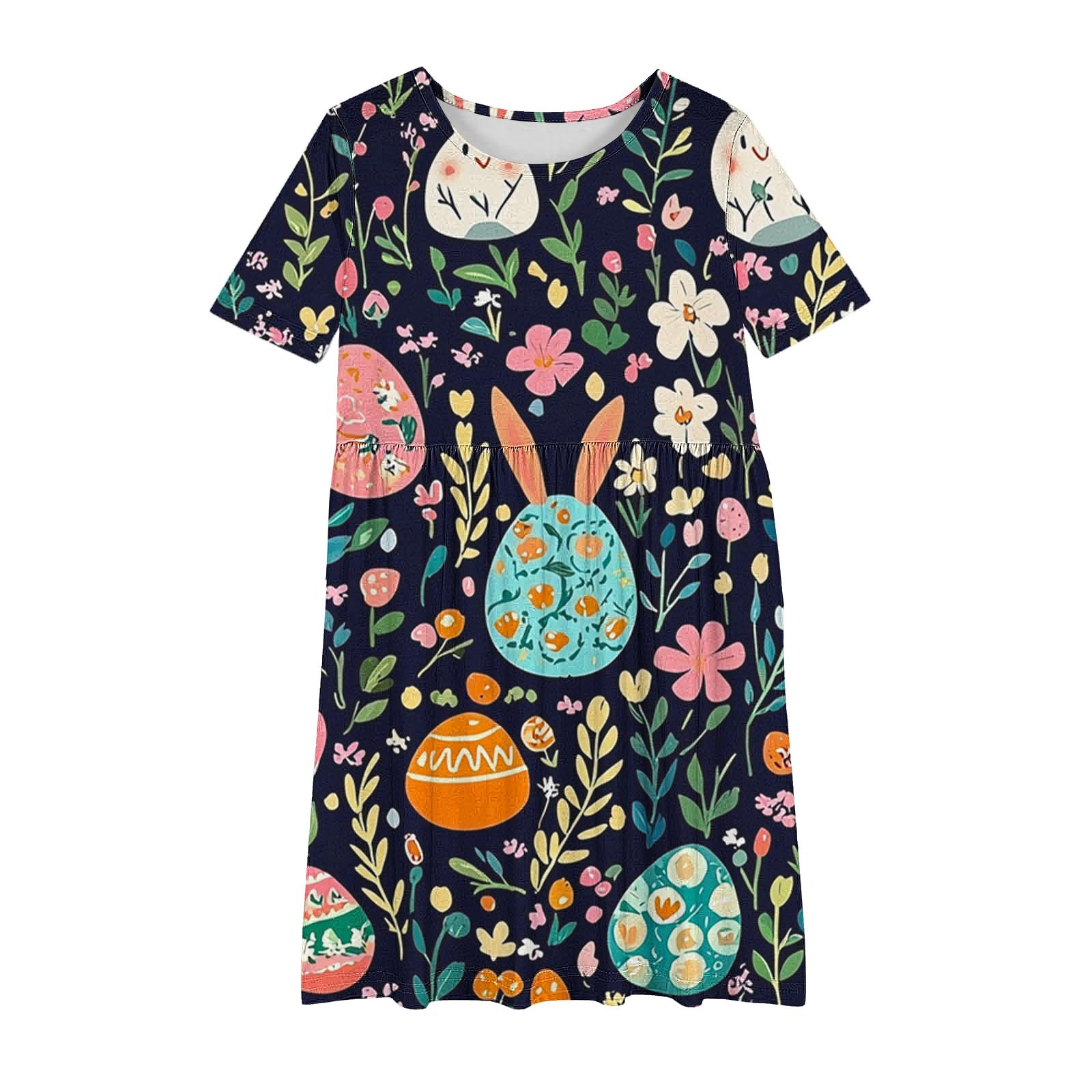 Moxiu Easter Dress for Girls Bunny Rabbit Easter Eggs Print Swing Dresses Casual Flared Dresses Summer Outfits 4-14 Years 2025 Black,4 Years